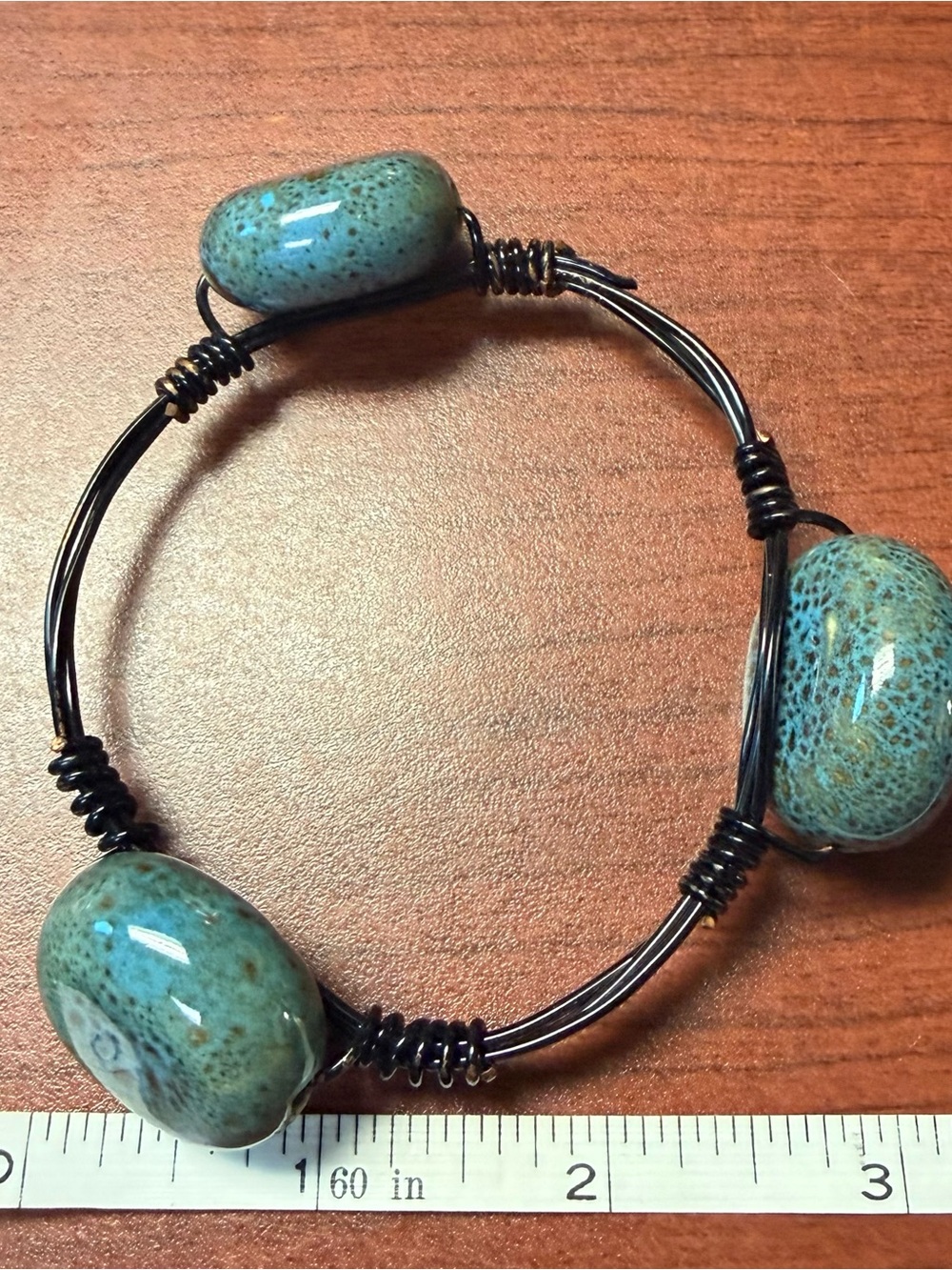 Turquoise Ceramic Bead Wire-Wrapped Bangle Bracelet